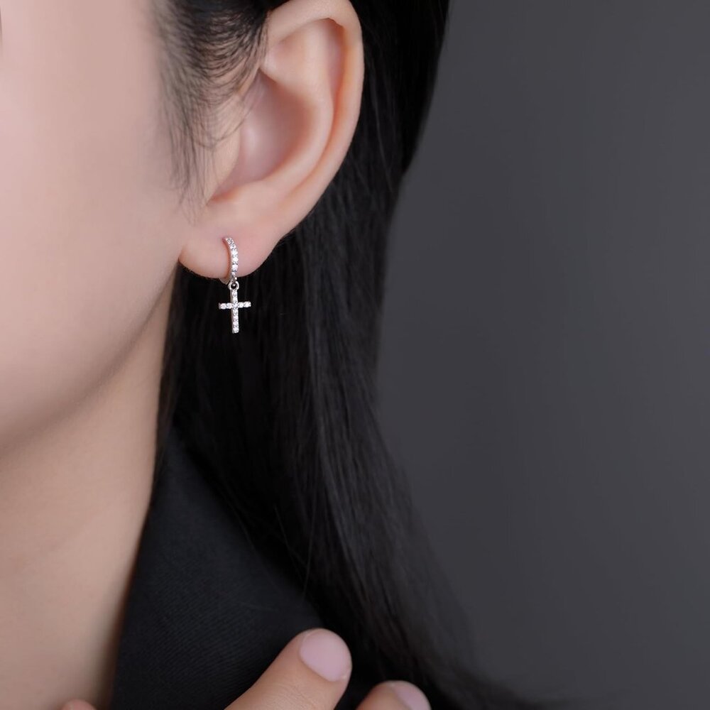 Solid 925 Sterling Silver Cross Hoop Earrings For… - image 3
